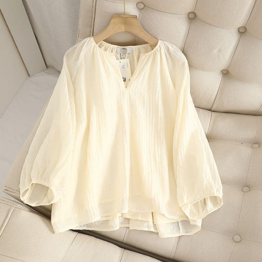 Lightweight breathable shirt for women 2025 loose lantern sleeves pleated casual tops