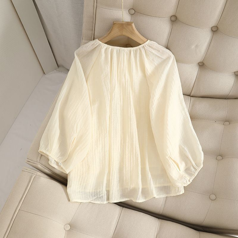Lightweight breathable shirt for women 2025 loose lantern sleeves pleated casual tops